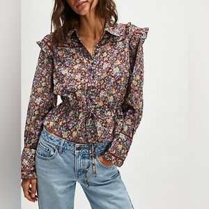 FREE PEOPLE Daybreak Floral Print Point Collar Neck Top-Black Combo-Size Small